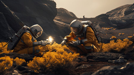 Astronauts discovering signs of life on an alien planetの素材