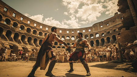 Roman gladiators fighting in a colosseumの素材