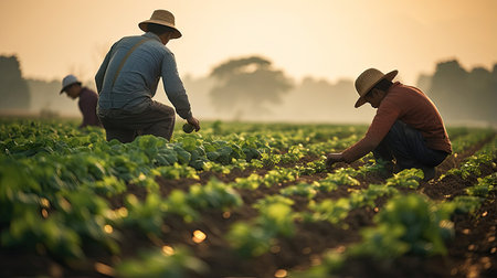 Farmers tending to their crops in a rural fieldの素材