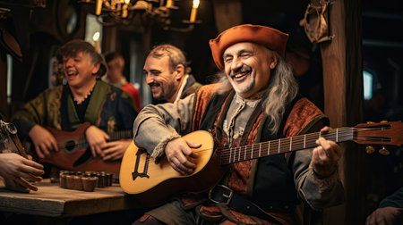 Musicians performing in a lively medieval tavernの素材