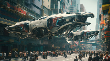 Futuristic city dwellers commuting with flying vehiclesの素材