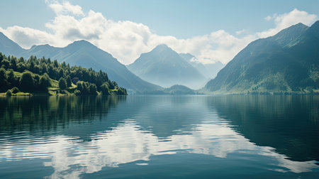 Peaceful lakeside scene with mirrored reflection of mountainsの素材