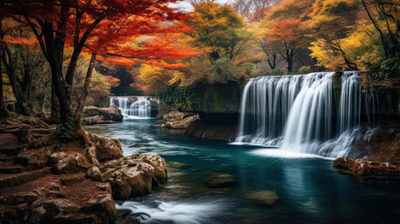Majestic waterfall surrounded by vibrant autumn foliageの素材