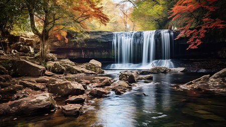 Majestic waterfall surrounded by vibrant autumn foliageの素材