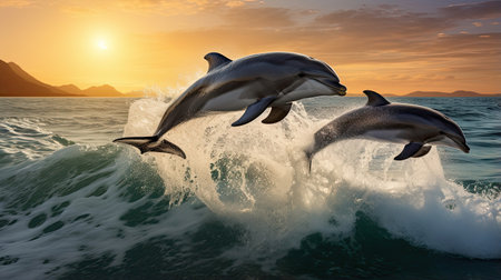 Playful dolphins leaping in perfect harmony as they ride the wavesの素材