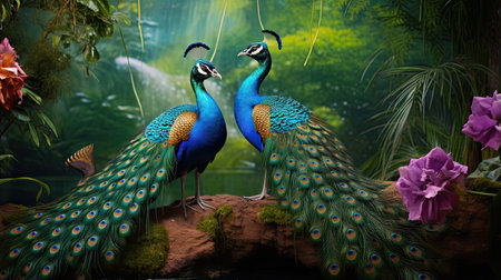 Exotic peacocks flaunting their dazzling plumage in a lush garden capturing nature's artistryの素材