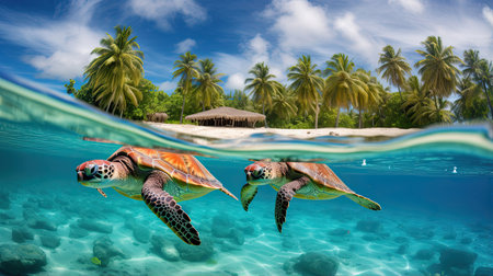 Serene sea turtles gracefully gliding through the crystal-blue ocean watersの素材