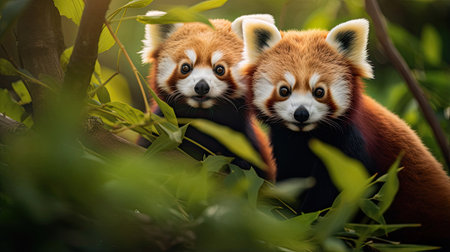 Endearing red pandas nestled among the branches of a bamboo forest showcasing their adorable charmの素材