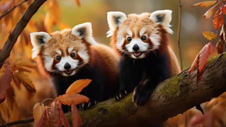 Cuddly red pandas playfully frolicking among the treetops in a vibrant autumn forestの素材