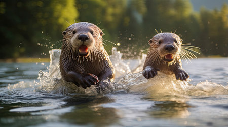 Playful otters sliding down a smooth riverbank in pure joyの素材
