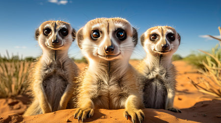 Curious meerkats standing guard in the African desert their vigilant expressions capturing their social natureの素材