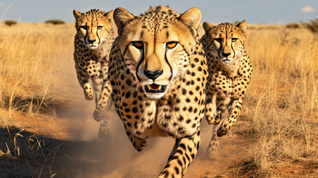 Stealthy cheetahs sprinting across the golden savannah in pursuit of prey showcasing their incredible speedの素材