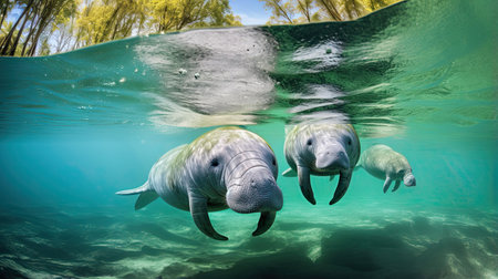 Gentle manatees gliding through the clear waters of a tropical lagoon their peaceful presence a symbol of harmonyの素材