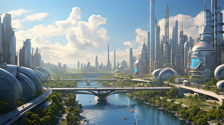 A futuristic AI-powered cityscape showcasing intelligent infrastructure and urban living.の素材
