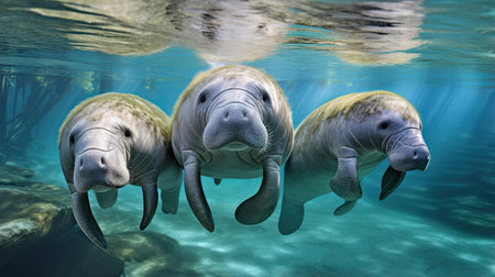 Gentle manatees gliding through the clear waters of a tropical lagoon their peaceful presence a symbol of harmonyの素材