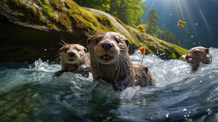 Playful otters sliding down riverbanks and frolicking in pristine mountain streams radiating pure joyの素材