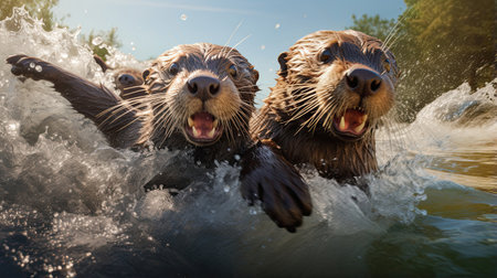 Playful otters sliding down riverbanks and frolicking in pristine mountain streams radiating pure joyの素材
