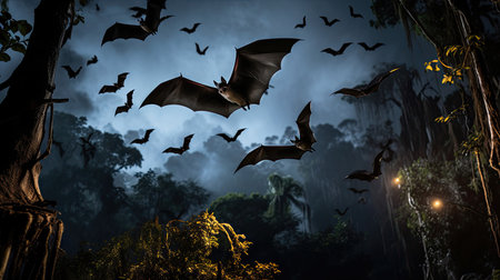 Enigmatic bats taking flight in the moonlight showcasing their nocturnal prowess and mysterious allureの素材