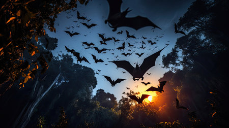 Enigmatic bats taking flight in the moonlight showcasing their nocturnal prowess and mysterious allureの素材