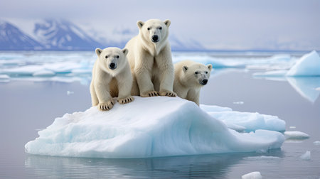 Resilient polar bears navigating the frozen Arctic landscape symbolizing the challenge of survival in harsh conditionsの素材