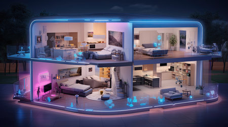 Smart home ecosystem seamlessly controlled by AI-powered devices.の素材