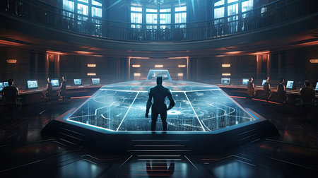A futuristic AI-enhanced courtroom facilitating efficient legal proceedings.の素材