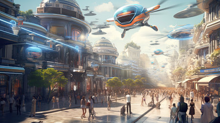 A city center bustling with AI-guided delivery drones and autonomous vehicles.の素材