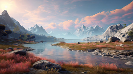 AI-generated virtual landscapes offering immersive relaxation.の素材