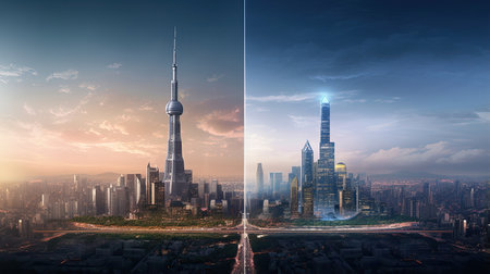 AI-generated architectural landmarks reshaping skylines.の素材