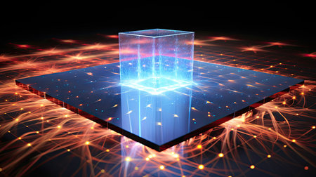 Quantum teleportation experiment unfolding revealing the instantaneous transfer of quantum states between particles.の素材