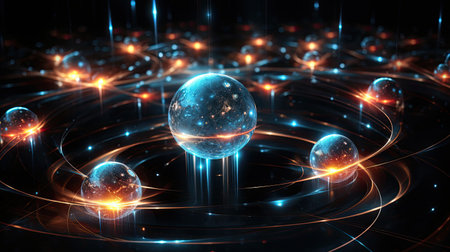 Quantum teleportation experiment unfolding revealing the instantaneous transfer of quantum states between particles.の素材