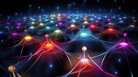 Interconnected qubits forming a quantum entanglement web demonstrating the entangled state's role in quantum information transfer.の素材