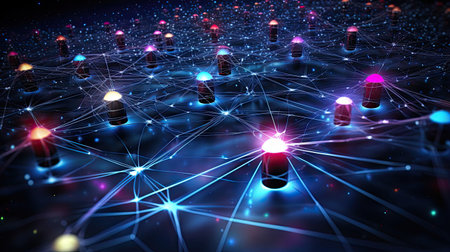 Interconnected qubits forming a quantum entanglement web demonstrating the entangled state's role in quantum information transfer.の素材