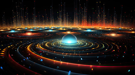 Quantum interference patterns influencing quantum algorithm results highlighting quantum computation's unique nature.の素材