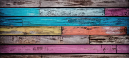 wall with wooden panel colors of pink, blue, orange, yellow, green and white colorsの素材