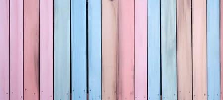 wooden fence texture with hues of light blue, green, yellow, orange, and pinkの素材