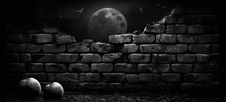 dark background with a stone wall and a full moonの素材