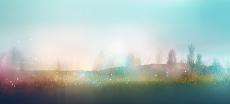 colorful landscape with fog, trees and grass at sunsetの素材