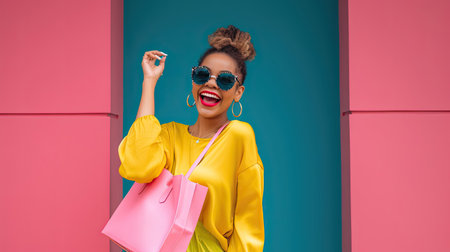 A happy and charming young lady full-body gazes at the camera with an infectious laugh. She holds a vibrant pink shopping bag the color complementing her exuberant personality. The woman wears stylish sunglasses that add a playful touch. Her outfit is a lively blend of blues and greens. The background is a flat vibrant yellow studio.の素材