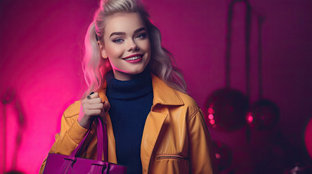 A joyful and radiant young lady her eyes twinkling with delight looks directly at the camera with an infectious smile. She carries a lively pink shopping bag the color mirroring her vibrant spirit. The woman is not wearing any accessories. Her outfit is a dynamic blend of vibrant purples and pinks. The background is a smooth yellow studio.の素材