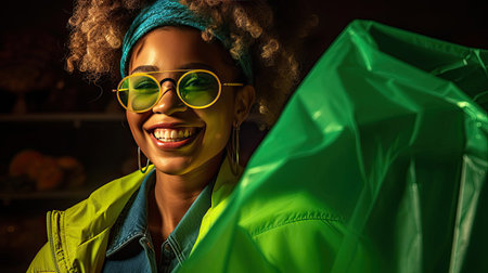 In the frame is a cheerful lady, her eyes sparkling with delight looking directly at the camera with a contagious laugh. She holds a lively green shopping bag the color reflecting her lively spirit. The woman is not wearing any accessories. Her outfit is a lively mix of vibrant greens and blues. The background is a smooth yellow studio.の素材