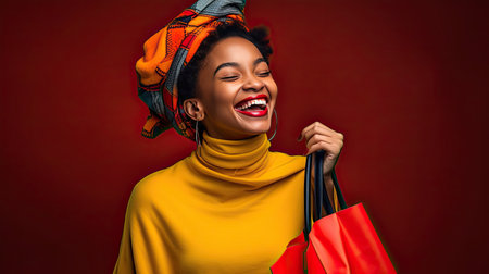 A cheerful and charming lady her infectious laughter looks directly at the camera with a joyful expression. She carries a lively red shopping bag the color resonating with her exuberant personality. The woman is not wearing any accessories. Her outfit is a lively mix of vibrant reds and oranges. The background is a flat vibrant yellow studio.の素材