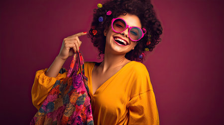 A radiant and happy lady full of zest looks directly at the camera with a contagious laugh. She holds a lively pink shopping bag the color mirroring her vibrant spirit. The woman is wearing playful colorful glasses that add a whimsical touch. Her outfit is a lively mix of vibrant pinks and purples. The background is a flat vibrant yellow studio.の素材
