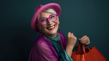A vivacious and cheerful lady full of zest gazes at the camera with bright eyes and an infectious laugh. She clutches a lively purple shopping bag the color resonating with her lively spirit. The woman is wearing playful colorful glasses that add a whimsical touch. Her outfit is a dynamic blend of vibrant purples and pinks. The background is a flat vibrant yellow studio.の素材