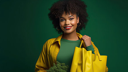 A radiant and happy young lady full of zest looks directly at the camera with a warm smile. She carries a lively green shopping bag the color reflecting her cheerful mood. The woman is not wearing any accessories. Her outfit is a lively mix of vibrant greens and blues. The background is a flat vibrant yellow studio.の素材
