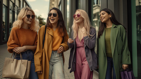 A group of best friends all sporting casual yet trendy outfits exit a shopping center with bags in hand. Their bags come in lively shades of green purple and orange. Their laughter fills the air clearly having enjoyed their shopping adventure.の素材