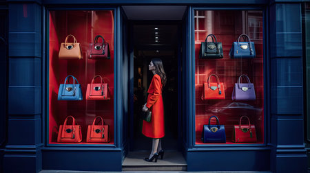 A solo shopper stands outside a high-end boutique holding bags in vivid shades of red and blue. She's positively beaming with happiness clearly having found some incredible items.の素材