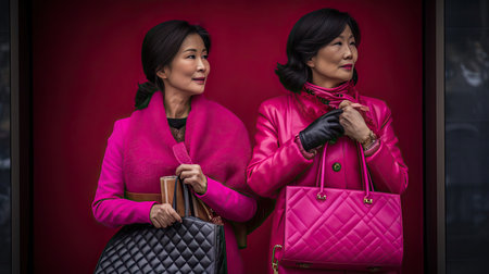 A mother and daughter duo both dressed in chic complementary outfits leave a luxury store. The mother's bag is a vibrant shade of fuchsia while the daughter's is a lively shade of royal blue. Their laughter fills the air clearly happy with their shopping finds.の素材