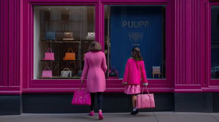 A mother and daughter duo both dressed in chic complementary outfits leave a luxury store. The mother's bag is a vibrant shade of fuchsia while the daughter's is a lively shade of royal blue. Their laughter fills the air clearly happy with their shopping finds.の素材