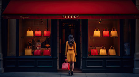 A solo shopper stands outside a luxury boutique holding bags in vivid shades of red and yellow. Her happiness radiates from the frame clearly having had a successful shopping adventure.の素材